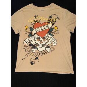 Ed Hardy "Love Kills Slowly" T-Shirt Skull & Heart Graphics Beige Mens XL